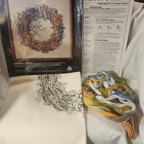 Blue Ribbon Wreath Crewel Kit Dimensions 16 x 16 Opened Complete 1270 B28 - Picture 7 of 10